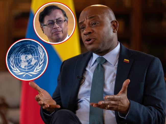 El canciller de Colombia, Luis Gilberto Murillo. En los círculos: el presidente Gustavo Petro y la bandera de Naciones Unidas.
(Foto: Getty / Caracol Radio )